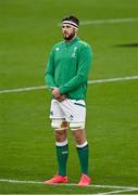 24 October 2020; Caelan Doris of Ireland during the national anthem prior to the Guinness Six Nations Rugby Championship match between Ireland and Italy at the Aviva Stadium in Dublin. Due to current restrictions laid down by the Irish government to prevent the spread of coronavirus and to adhere to social distancing regulations, all sports events in Ireland are currently held behind closed doors. Photo by Seb Daly/Sportsfile