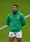 24 October 2020; Bundee Aki of Ireland during the national anthem prior to the Guinness Six Nations Rugby Championship match between Ireland and Italy at the Aviva Stadium in Dublin. Due to current restrictions laid down by the Irish government to prevent the spread of coronavirus and to adhere to social distancing regulations, all sports events in Ireland are currently held behind closed doors. Photo by Seb Daly/Sportsfile