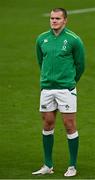 24 October 2020; Jacob Stockdale of Ireland during the national anthem prior to the Guinness Six Nations Rugby Championship match between Ireland and Italy at the Aviva Stadium in Dublin. Due to current restrictions laid down by the Irish government to prevent the spread of coronavirus and to adhere to social distancing regulations, all sports events in Ireland are currently held behind closed doors. Photo by Seb Daly/Sportsfile