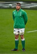 24 October 2020; CJ Stander of Ireland during the national anthem prior to the Guinness Six Nations Rugby Championship match between Ireland and Italy at the Aviva Stadium in Dublin. Due to current restrictions laid down by the Irish government to prevent the spread of coronavirus and to adhere to social distancing regulations, all sports events in Ireland are currently held behind closed doors. Photo by Seb Daly/Sportsfile