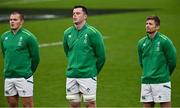 24 October 2020; Ireland players, from left, Jacob Stockdale, James Ryan and Ross Byrne during the national anthem prior to the Guinness Six Nations Rugby Championship match between Ireland and Italy at the Aviva Stadium in Dublin. Due to current restrictions laid down by the Irish government to prevent the spread of coronavirus and to adhere to social distancing regulations, all sports events in Ireland are currently held behind closed doors. Photo by Seb Daly/Sportsfile