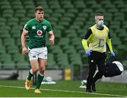 24 October 2020; Garry Ringrose of Ireland leaves the pitch with a jaw injury, accompanied by Ireland team doctor Dr Ciaran Cosgrove during the Guinness Six Nations Rugby Championship match between Ireland and Italy at the Aviva Stadium in Dublin. Due to current restrictions laid down by the Irish government to prevent the spread of coronavirus and to adhere to social distancing regulations, all sports events in Ireland are currently held behind closed doors. Photo by Ramsey Cardy/Sportsfile