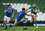 24 October 2020; Jacob Stockdale of Ireland is tackled by Abraham Steyn of Italy during the Guinness Six Nations Rugby Championship match between Ireland and Italy at the Aviva Stadium in Dublin. Due to current restrictions laid down by the Irish government to prevent the spread of coronavirus and to adhere to social distancing regulations, all sports events in Ireland are currently held behind closed doors. Photo by Ramsey Cardy/Sportsfile