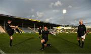 25 October 2020; Match referee Fergal Horgan, left, and his officials, stand by referee Colm Lyons, linesman Sean Cleere, right, and sideline official Natham Wall, second from left, warming up before the Munster GAA Hurling Senior Championship Quarter-Final match between Limerick and Clare at Semple Stadium in Thurles, Tipperary. This game also doubles up as the Allianz Hurling League Division 1 Final as the GAA season was shortened due to the coronavirus pandemic and both teams had qualified for the final. Photo by Ray McManus/Sportsfile