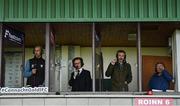 24 October 2020; Commentators, from left, Conn O'Mara, Oscar O'Callaghan, Tommy Stack and Myles Keaveny watch the match with glass inbetween them during the Allianz Football League Division 4 Round 7 match between Sligo and Limerick at Markievicz Park in Sligo. Photo by Harry Murphy/Sportsfile