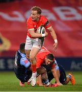 26 October 2020; Mike Haley of Munster is tackled by Rey Lee-Lo of Cardiff Blues during the Guinness PRO14 match between Munster and Cardiff Blues at Thomond Park in Limerick. Photo by Ramsey Cardy/Sportsfile