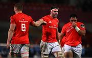 26 October 2020; Billy Holland, centre, and Gavin Coombes of Munster fist bump following the Guinness PRO14 match between Munster and Cardiff Blues at Thomond Park in Limerick. Photo by Harry Murphy/Sportsfile