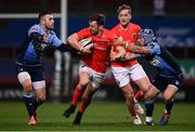 26 October 2020; Darren Sweetnam of Munster is tackled by Aled Summerhill, left, and Matthew Morgan of Cardiff Blues during the Guinness PRO14 match between Munster and Cardiff Blues at Thomond Park in Limerick. Photo by Harry Murphy/Sportsfile