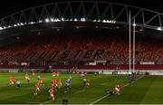 26 October 2020; JJ Hanrahan of Munster escapes the tackle of James Botham of Cardiff Blues on his way to scoring his side's fifth try during the Guinness PRO14 match between Munster and Cardiff Blues at Thomond Park in Limerick. Photo by Harry Murphy/Sportsfile