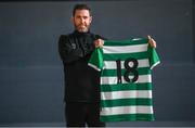 27 October 2020; Shamrock Rovers manager Stephen Bradley poses for a portrait, at Roadstone Group Sports Club, in Dublin, while holding a jersey with the number 18 to commemorate the club's recent 18th League title success. Shamrock Rovers claimed the SSE Airtricity League Premier Division title on Saturday based on other results within the league. Photo by Stephen McCarthy/Sportsfile