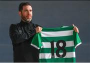 27 October 2020; Shamrock Rovers manager Stephen Bradley poses for a portrait, at Roadstone Group Sports Club, in Dublin, while holding a jersey with the number 18 to commemorate the club's recent 18th League title success. Shamrock Rovers claimed the SSE Airtricity League Premier Division title on Saturday based on other results within the league. Photo by Stephen McCarthy/Sportsfile
