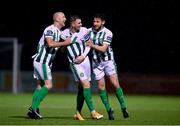 27 October 2020; Ryan Graydon, centre, of Bray Wanderers celebrates with team-mates Paul Keegan, left,and Killian Cantwell after scoring his side's first goal during the SSE Airtricity League First Division match between Athlone Town and Bray Wanderers at Athlone Town Stadium in Athlone, Westmeath. Photo by Eóin Noonan/Sportsfile