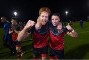27 October 2020; Hugh Douglas, left, and Chris Lyons of Drogheda United celebrate after winning the SSE Airtricity First Division following their match against Cabinteely at Stradbrook in Blackrock, Dublin. Photo by Stephen McCarthy/Sportsfile