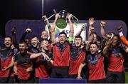 27 October 2020; Drogheda United captain Jake Hyland lifts the SSE Airtricity First Division trophy alongside his team-mates following their match against Cabinteely at Stradbrook in Blackrock, Dublin. Photo by Stephen McCarthy/Sportsfile