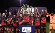 27 October 2020; Drogheda United captain Jake Hyland lifts the SSE Airtricity First Division trophy alongside his team-mates following their match against Cabinteely at Stradbrook in Blackrock, Dublin. Photo by Stephen McCarthy/Sportsfile