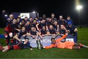 27 October 2020; Drogheda United players celebrate with the SSE Airtricity First Division trophy following their match against Cabinteely at Stradbrook in Blackrock, Dublin. Photo by Stephen McCarthy/Sportsfile