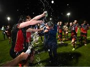 27 October 2020; Drogheda United players and manager Tim Clancy celebrate after winning the SSE Airtricity First Division following their match against Cabinteely at Stradbrook in Blackrock, Dublin. Photo by Stephen McCarthy/Sportsfile