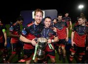 27 October 2020; Drogheda United players Hugh Douglas, left, and Chris Lyons celebrate after winning the SSE Airtricity First Division following their match against Cabinteely at Stradbrook in Blackrock, Dublin. Photo by Stephen McCarthy/Sportsfile