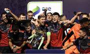 27 October 2020; Drogheda United captain Jake Hyland and team-mates celebrate after winning the SSE Airtricity First Division following their match against Cabinteely at Stradbrook in Blackrock, Dublin. Photo by Stephen McCarthy/Sportsfile