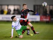 27 October 2020; Mark Doyle of Drogheda United in action against Zak O’Neill of Cabinteely during the SSE Airtricity League First Division match between Cabinteely and Drogheda United at Stradbrook in Blackrock, Dublin. Photo by Stephen McCarthy/Sportsfile