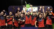 27 October 2020; Drogheda United captain Jake Hyland and team-mates celebrate after winning the SSE Airtricity First Division following their match against Cabinteely at Stradbrook in Blackrock, Dublin. Photo by Stephen McCarthy/Sportsfile