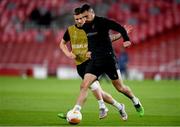 28 October 2020; Jordan Flores, right, and Patrick McEleney during a Dundalk Training Session at the Emirates Stadium in London, England. Photo by Ben McShane/Sportsfile