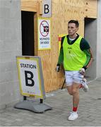 25 October 2020; Diarmuid O'Connor of Mayo runs past a coronavirus test centre station in the stadium before the Allianz Football League Division 1 Round 7 match between Mayo and Tyrone at Elverys MacHale Park in Castlebar, Mayo. Photo by Piaras Ó Mídheach/Sportsfile