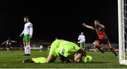 27 October 2020; Drogheda United's Chris Lyons, right, celebrates after team-mate James Brown, 2, scored their opening goal past Cabinteely goalkeeper Cory Chambers during the SSE Airtricity League First Division match between Cabinteely and Drogheda United at Stradbrook in Blackrock, Dublin. Photo by Stephen McCarthy/Sportsfile
