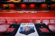 29 October 2020; A banner in commemoration to the late Dundalk team videographer Harry Taaffe in the stadium prior to the UEFA Europa League Group B match between Arsenal and Dundalk at the Emirates Stadium in London, England. Photo by Ben McShane/Sportsfile