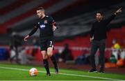 29 October 2020; Michael Duffy of Dundalk watched by Arsenal manager Mikel Arteta during the UEFA Europa League Group B match between Arsenal and Dundalk at the Emirates Stadium in London, England. Photo by Ben McShane/Sportsfile