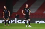 29 October 2020; Chris Shields of Dundalk, right, reacts after Arsenal scored their third goal during the UEFA Europa League Group B match between Arsenal and Dundalk at the Emirates Stadium in London, England. Photo by Ben McShane/Sportsfile