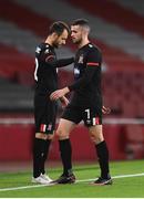 29 October 2020; Michael Duffy of Dundalk, right, is replaced by team-mate Stefan Colovic during the UEFA Europa League Group B match between Arsenal and Dundalk at the Emirates Stadium in London, England. Photo by Ben McShane/Sportsfile