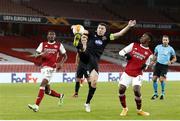 29 October 2020; Brian Gartland of Dundalk in action against Eddie Nketiah, right, and Ainsley Maitland-Niles of Arsenal during the UEFA Europa League Group B match between Arsenal and Dundalk at the Emirates Stadium in London, England. Photo by Matt Impey/Sportsfile