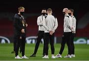 29 October 2020; Dundalk players, from left, Greg Sloggett, Brian Gartland, Sean Hoare, Aaron McCarey and Andy Boyle ahead of the UEFA Europa League Group B match between Arsenal and Dundalk at the Emirates Stadium in London, England. Photo by Ben McShane/Sportsfile