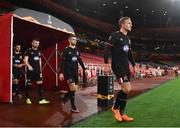 29 October 2020; Dundalk players, including John Mountney, right, and Michael Duffy walk out ahead of the UEFA Europa League Group B match between Arsenal and Dundalk at the Emirates Stadium in London, England. Photo by Ben McShane/Sportsfile