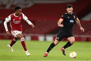 29 October 2020; Patrick Hoban of Dundalk in action against Joe Willock of Arsena during the UEFA Europa League Group B match between Arsenal and Dundalk at the Emirates Stadium in London, England. Photo by Matt Impey/Sportsfile