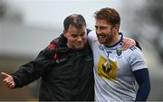 24 October 2020; Wicklow manager Davy Burke, left, and Mark Jackson of Wicklow share a joke following the Allianz Football League Division 4 Round 7 match between Wexford and Wicklow at Chadwicks Wexford Park in Wexford. Photo by Sam Barnes/Sportsfile