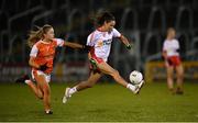30 October 2020; Niamh Hughes of Tyrone in action against Grace Ferguson of Armagh during the TG4 All-Ireland Senior Ladies Football Championship Round 1 match between Tyrone and Armagh at Kingspan Breffni Park in Cavan. Photo by Stephen McCarthy/Sportsfile