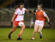 30 October 2020; Chloe McCaffrey of Tyrone scores her side's first goal despite the attention of Sarah Marley of Armagh during the TG4 All-Ireland Senior Ladies Football Championship Round 1 match between Tyrone and Armagh at Kingspan Breffni Park in Cavan. Photo by Stephen McCarthy/Sportsfile