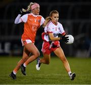 30 October 2020; Emma Brennan of Tyrone in action against Niamh Coleman of Armagh during the TG4 All-Ireland Senior Ladies Football Championship Round 1 match between Tyrone and Armagh at Kingspan Breffni Park in Cavan. Photo by Stephen McCarthy/Sportsfile