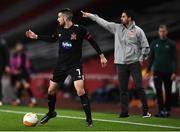 29 October 2020; Michael Duffy of Dundalk and Arsenal manager Mikel Arteta, right, during the UEFA Europa League Group B match between Arsenal and Dundalk at the Emirates Stadium in London, England. Photo by Ben McShane/Sportsfile