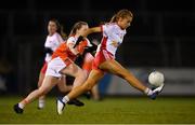 30 October 2020; Emma Brennan of Tyrone in action against Aoife McCoy of Armagh during the TG4 All-Ireland Senior Ladies Football Championship Round 1 match between Tyrone and Armagh at Kingspan Breffni Park in Cavan. Photo by Stephen McCarthy/Sportsfile