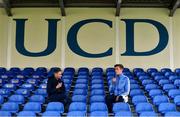31 October 2020; Jack Keaney of UCD is interviewed by Jamie Moore ahead of the SSE Airtricity League First Division Play-off Semi-Final match between UCD and Longford Town at the UCD Bowl in Belfield, Dublin. Photo by Sam Barnes/Sportsfile