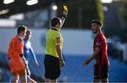 31 October 2020; Karl Chambers of Longford Town is shown a yellow card by referee Kevin O'Sullivan during the SSE Airtricity League First Division Play-off Semi-Final match between UCD and Longford Town at the UCD Bowl in Belfield, Dublin. Photo by Sam Barnes/Sportsfile