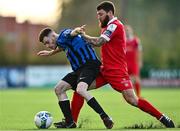 31 October 2020; Jack Reynolds of Athlone Town in action against Gary Deegan of Shelbourne during the Extra.ie FAI Cup Quarter-Final match between Athlone Town and Shelbourne at the Athlone Town Stadium in Athlone, Westmeath. Photo by Harry Murphy/Sportsfile