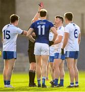 31 October 2020; Monaghan's Christopher McGuinness, second from right, receives a red card from referee Ciaran Branagan during the Ulster GAA Football Senior Championship Preliminary Round match between Monaghan and Cavan at St Tiernach’s Park in Clones, Monaghan. Photo by Stephen McCarthy/Sportsfile