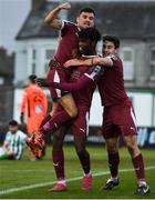 31 October 2020; Wilson Waweru of Galway United celebrates with team-mate Stephen Christopher, left, and Shane Doherty, right after scoring his side's first goal during the SSE Airtricity League First Division Play-off Semi-Final match between Bray Wanderers and Galway United at the Carlisle Grounds in Bray, Wicklow. Photo by Eóin Noonan/Sportsfile