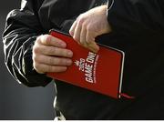 31 October 2020; A detailed view of a notebook carried by Cavan manager Mickey Graham during the Ulster GAA Football Senior Championship Preliminary Round match between Monaghan and Cavan at St Tiernach’s Park in Clones, Monaghan. Photo by Stephen McCarthy/Sportsfile