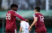 31 October 2020; Wilson Waweru of Galway United celebrates with team-mate Stephen Christopher after scoring his side's first goal during the SSE Airtricity League First Division Play-off Semi-Final match between Bray Wanderers and Galway United at the Carlisle Grounds in Bray, Wicklow. Photo by Eóin Noonan/Sportsfile
