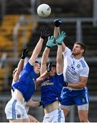 31 October 2020; Gearoid McKiernan, left, and James Smith of Cavan in action against Darren Hughes, right, and Fintan Kelly of Monaghan during the Ulster GAA Football Senior Championship Preliminary Round match between Monaghan and Cavan at St Tiernach’s Park in Clones, Monaghan. Photo by Stephen McCarthy/Sportsfile